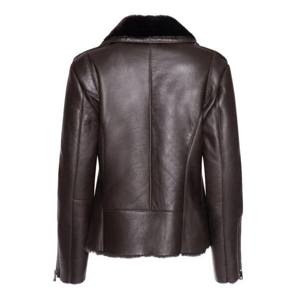 Womens Brown Shearling Straight Moto Jacket - Image 2