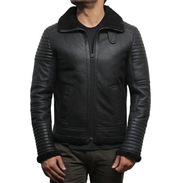 Mens Black Flying Shearling Leather Jacket - Image 3