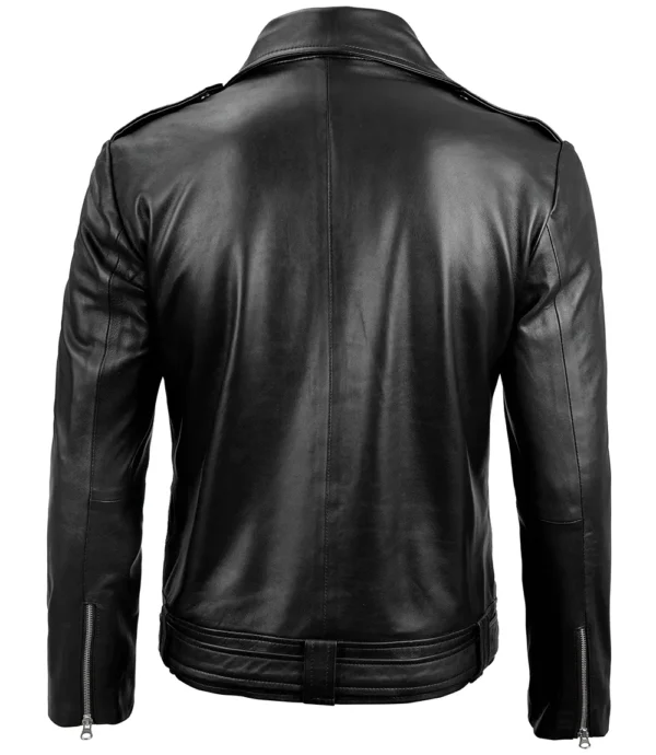 Men Black Leather Moto Asymmetrical Belted Jacket