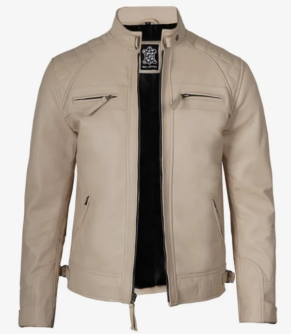 Mens Stylish Beige Cafe Racer Leather Jacket