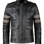 Men Black Leather Brown Stripes Jacket