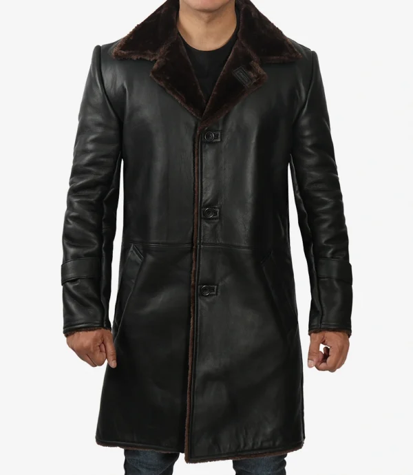 Mens Black Leather Shearling Coat