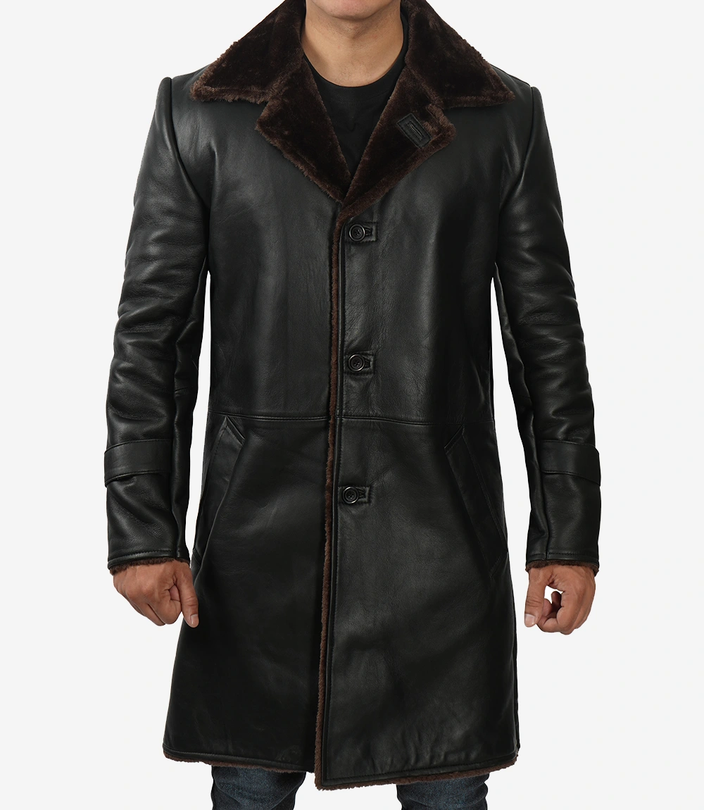 Mens Black Leather Shearling Coat
