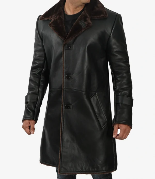 Mens Black Leather Shearling Coat