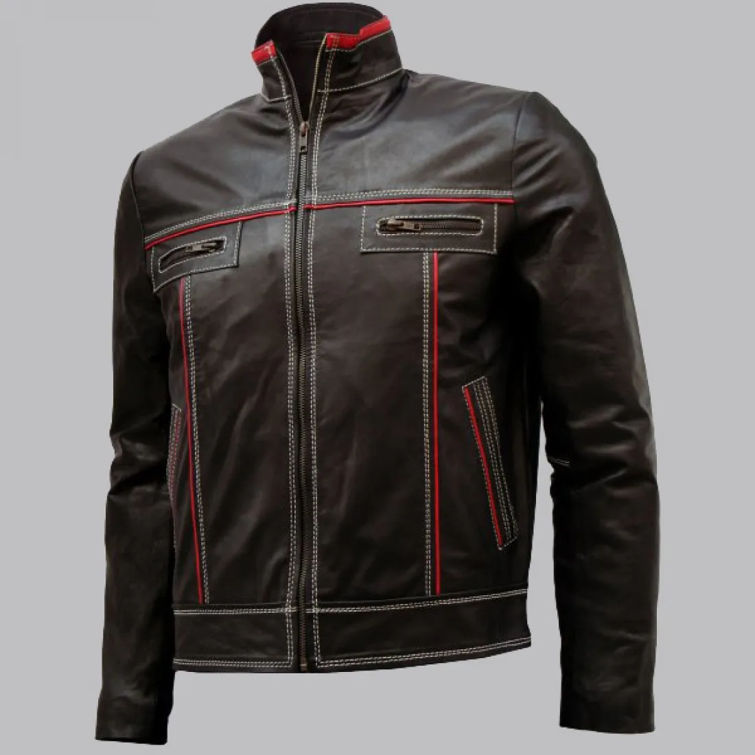 Men Double Stitched Brown Leather Jacket