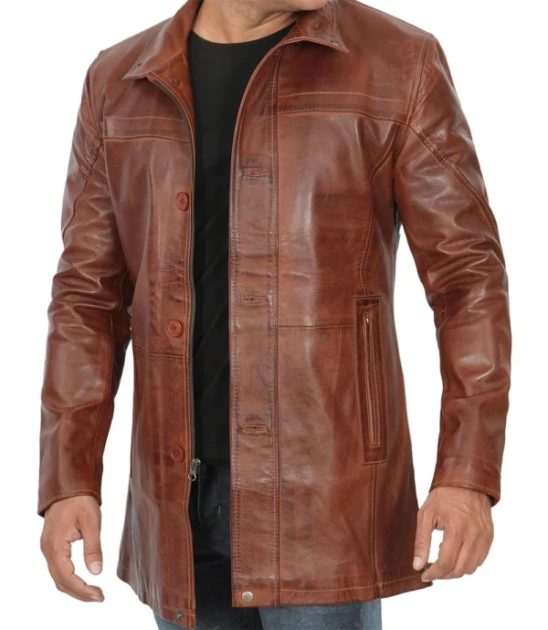 Men's Real Lambskin Brown Leather Cognac Car Coat