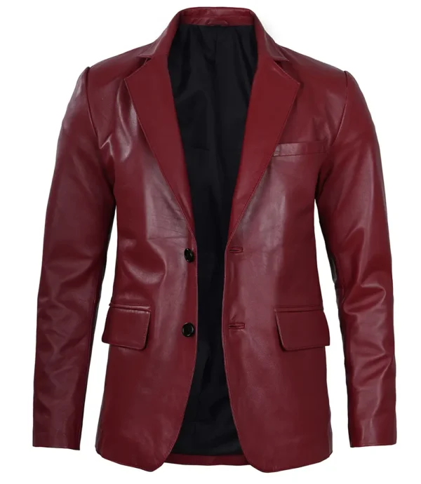 Men's Notch Lapel Maroon Leather Blazer