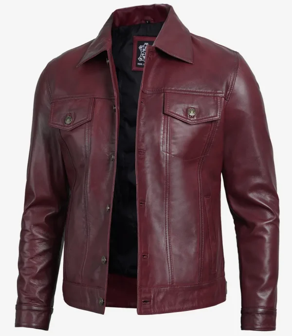 Men Real Lambskin Leather Burgundy Trucker Jacket