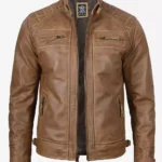 Mens Camel Brown Cafe Racer Jacket Quilted Shoulder