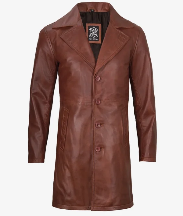 Mens Brown Real Leather Cognac Car Coat
