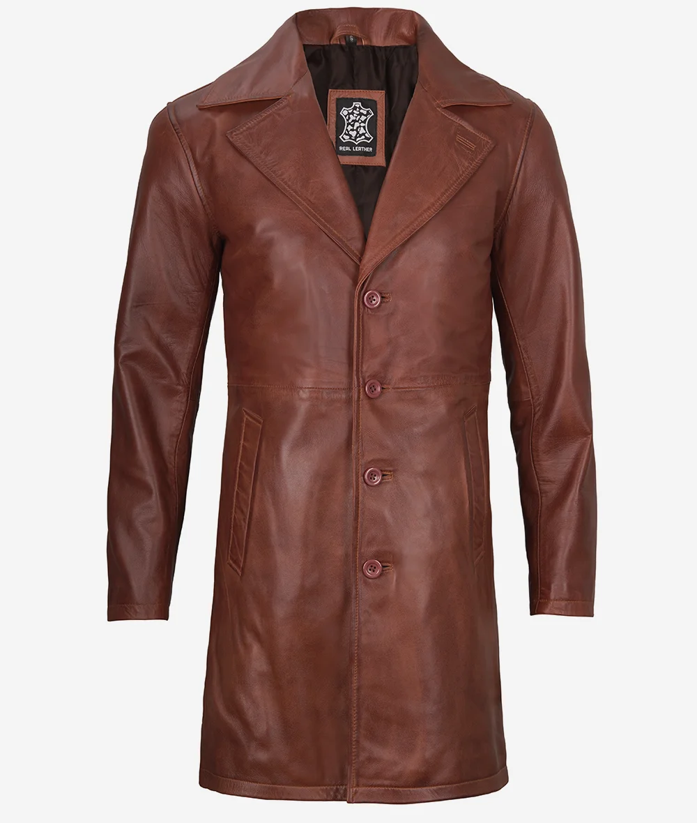 Mens Brown Real Leather Cognac Car Coat