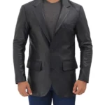 Mens 2 Buttons Notch Lapel Black Leather Blazer