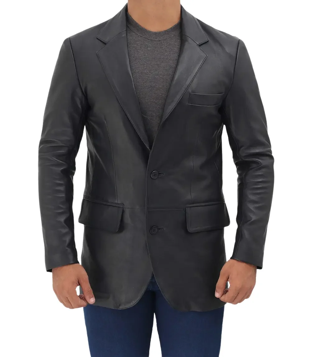 Mens 2 Buttons Notch Lapel Black Leather Blazer