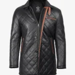 Mens Black Leather Coat - Brown Detailing