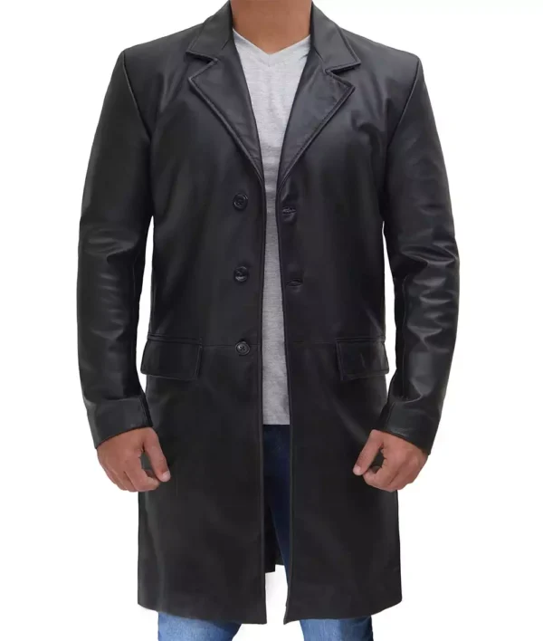 Men's full-length black cowhide leather coat