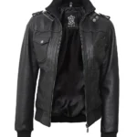 Womens Edinburgh Bomber Leather Jacket with Detachable Hood
