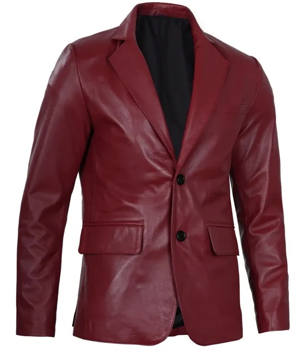 Men's Notch Lapel Maroon Leather Blazer
