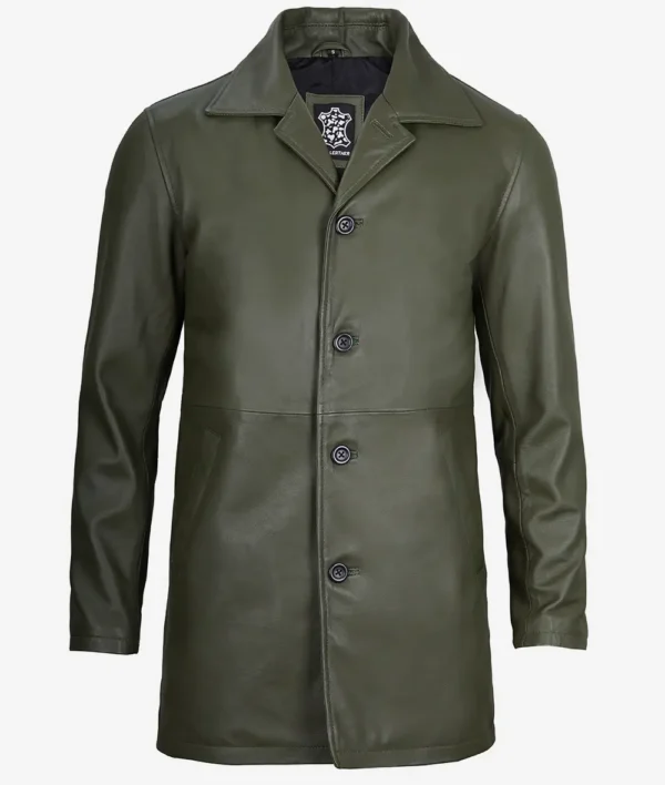 Mens Olive Green Leather Car Coat