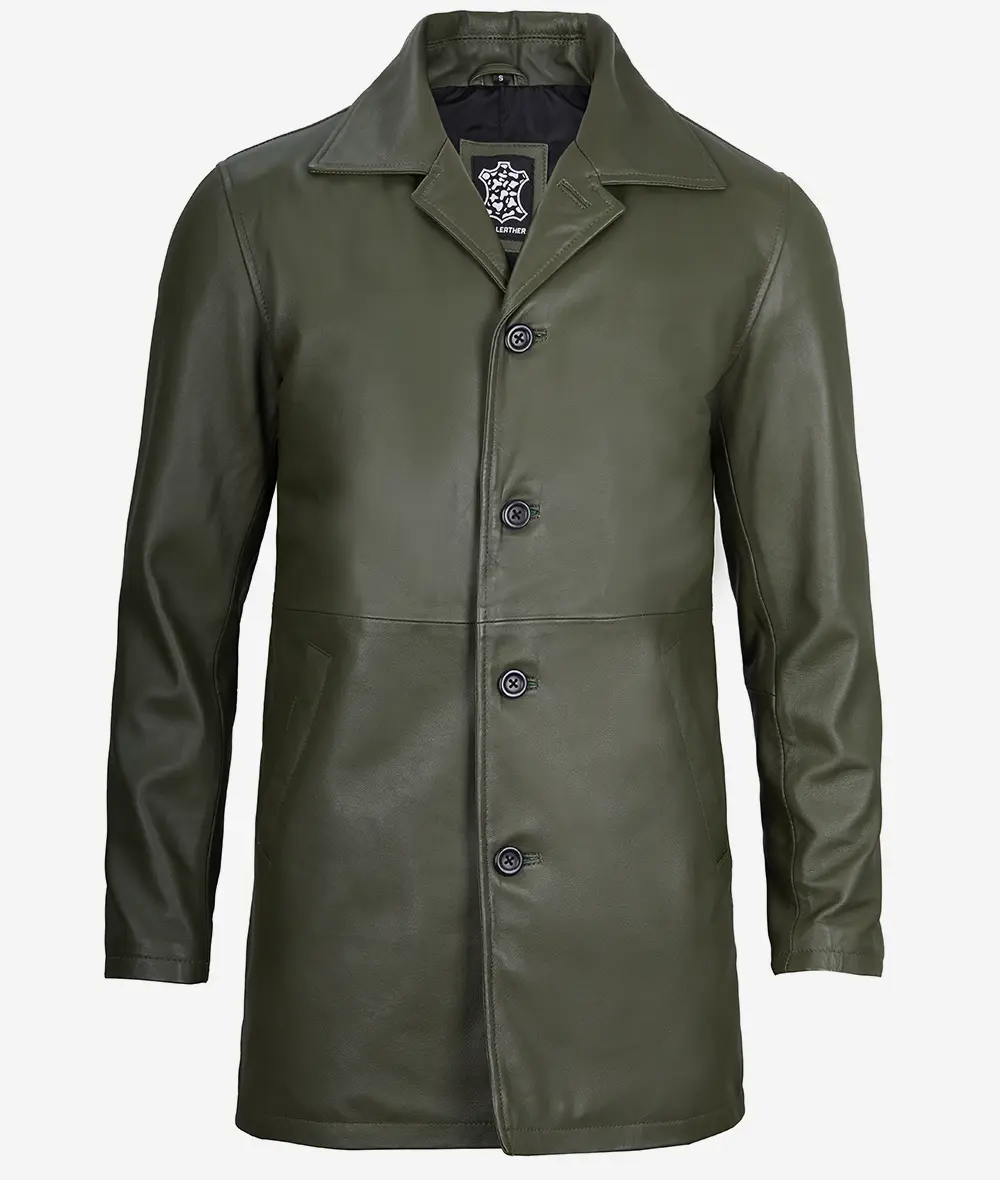 Mens Olive Green Leather Car Coat