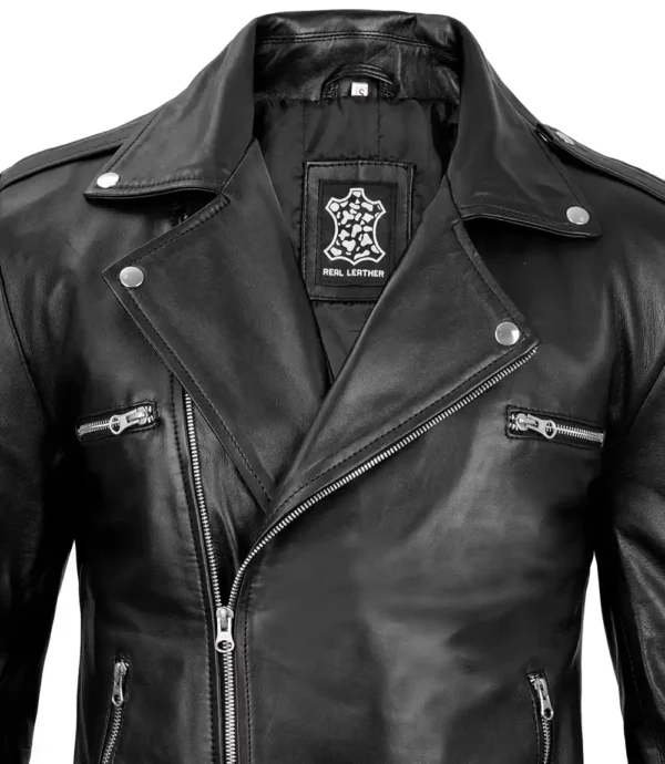Men Black Leather Moto Asymmetrical Belted Jacket