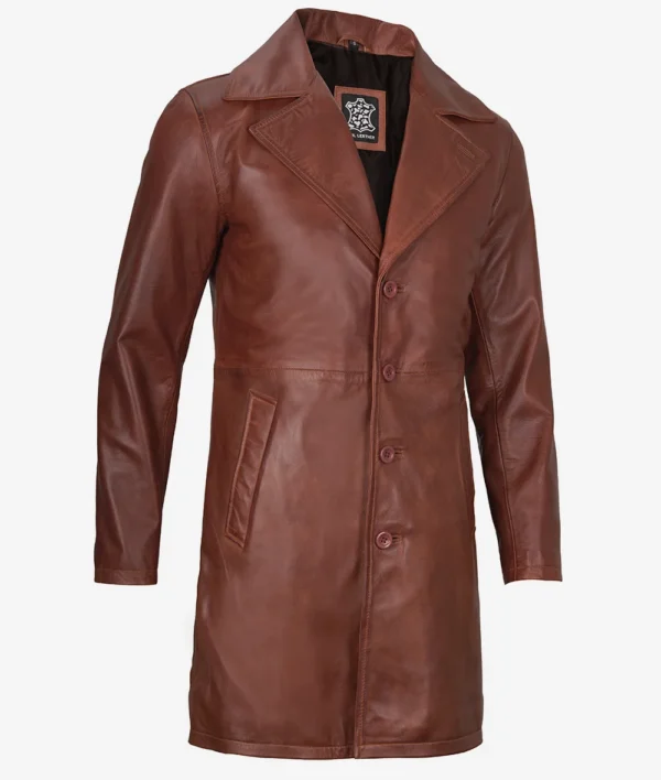 Mens Brown Real Leather Cognac Car Coat