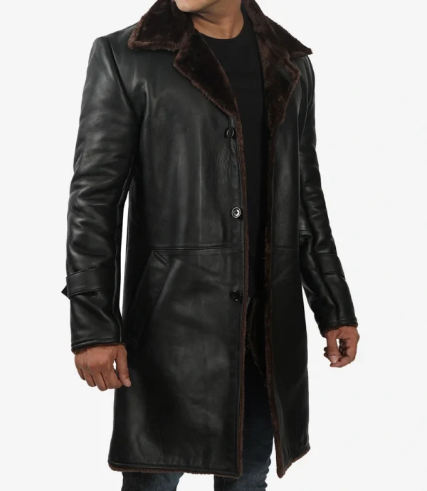Mens Black Leather Shearling Coat