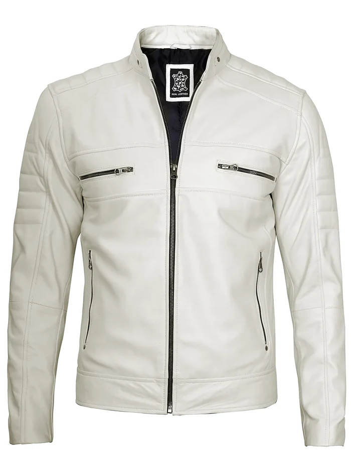 Mens Off White Leather Cafe Racer Jacket