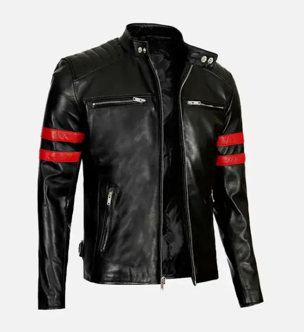 Leather moto jacket with contrast stripes