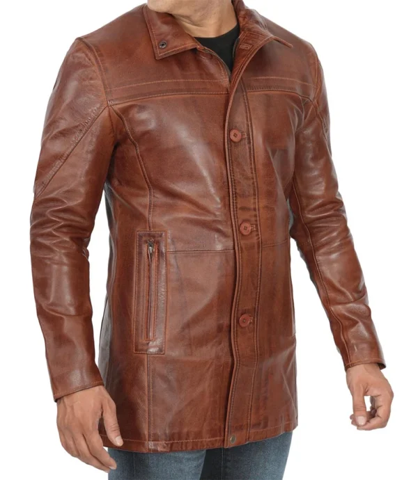 Men's Real Lambskin Brown Leather Cognac Car Coat