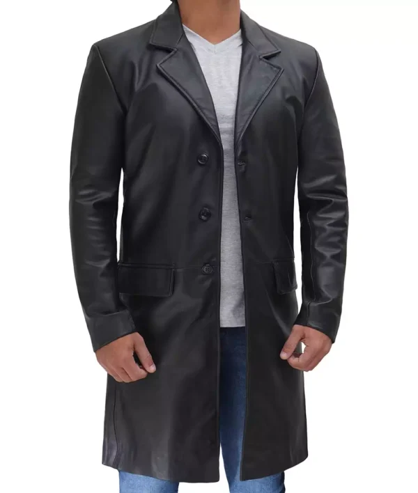 Black cowhide leather trench coat for men