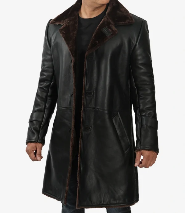 Mens Black Leather Shearling Coat