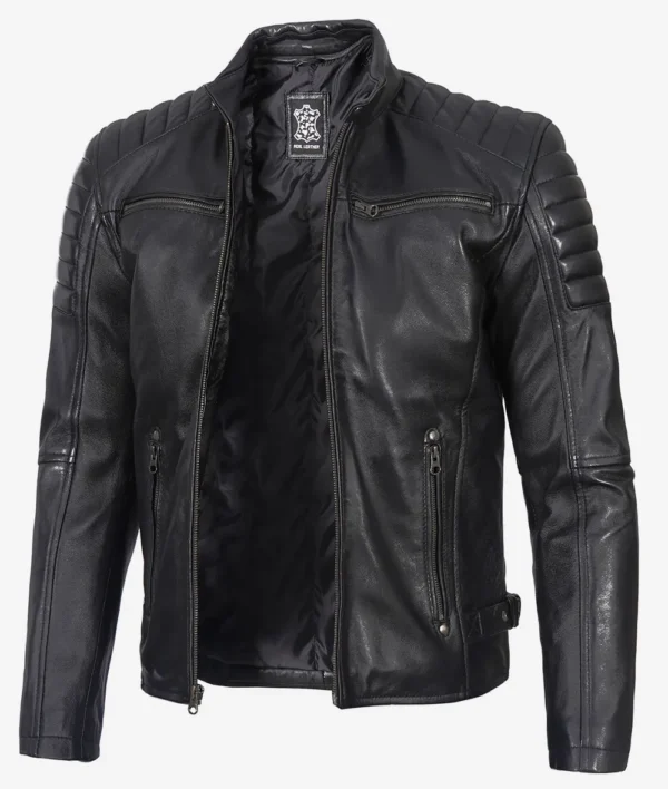 Stylish Men's Black Biker Jacket Padded Leather Shoulders - Image 3