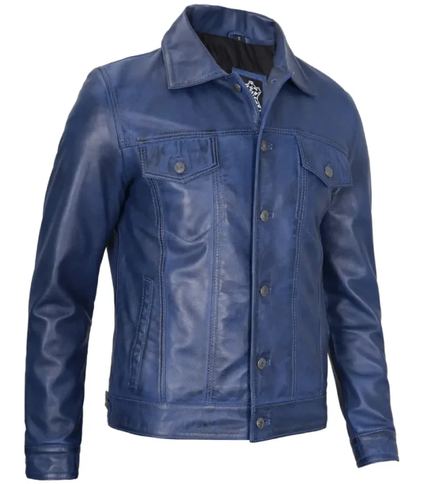 blue leather trucker jacket men's