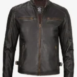 Classic Mens Rub Off Brown Leather Cafe Racer Jacket