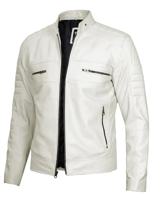 Mens Off White Leather Cafe Racer Jacket
