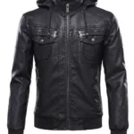 Mens Removable Hood Bomber Leather Jacket