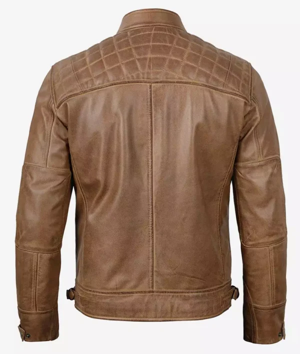 Mens Camel Brown Cafe Racer Jacket Quilted Shoulder
