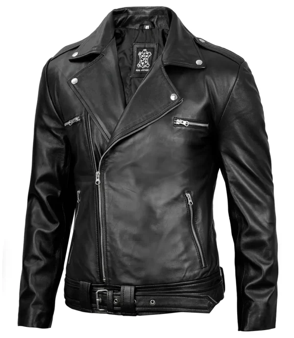 Men Black Leather Moto Asymmetrical Belted Jacket
