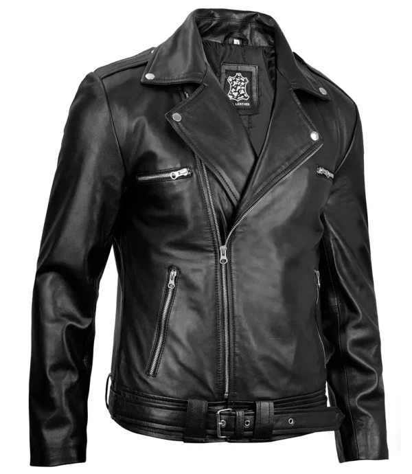 Men Black Leather Moto Asymmetrical Belted Jacket