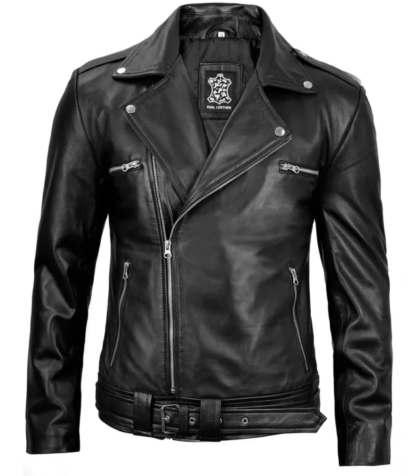 Men Black Leather Moto Asymmetrical Belted Jacket