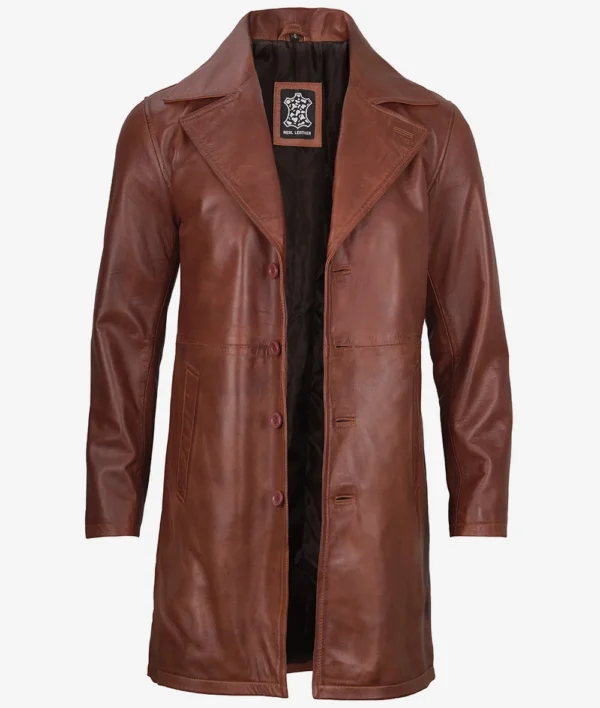 Mens Brown Real Leather Cognac Car Coat