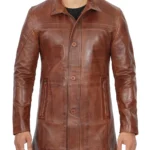 Men's Real Lambskin Brown Leather Cognac Car Coat