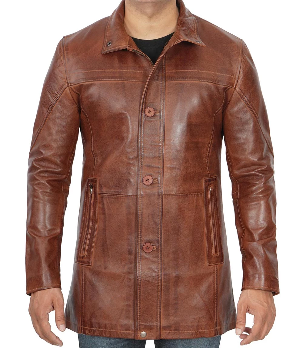 Men's Real Lambskin Brown Leather Cognac Car Coat