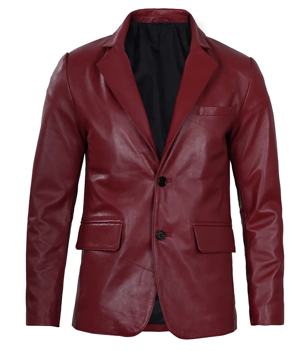 Notch Lapel Maroon Leather Blazer