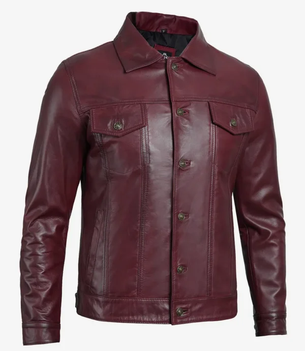 Men Real Lambskin Leather Burgundy Trucker Jacket