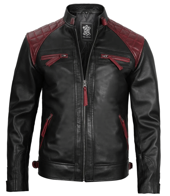 Men Quilted Cafe Racer Black And Maroon Leather Jacket