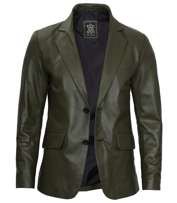 Mens Two Button Olive Green Leather Blazer