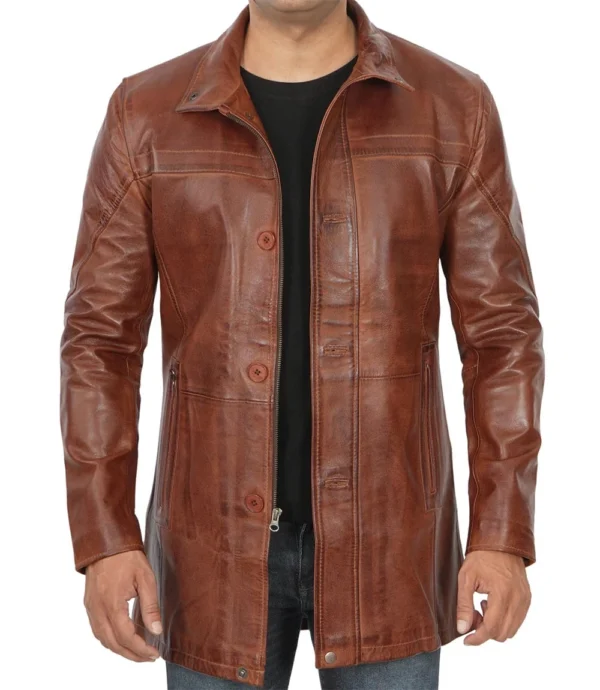 Men's Real Lambskin Brown Leather Cognac Car Coat
