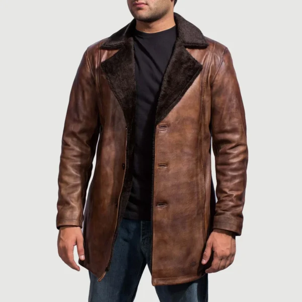 Mens Distressed Brown Leather Fur Coat