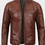 Cognac Brown Cafe Racer Leather Jacket For Men